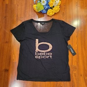 Bebe Black V-Neck Logo Tshirt Size Large